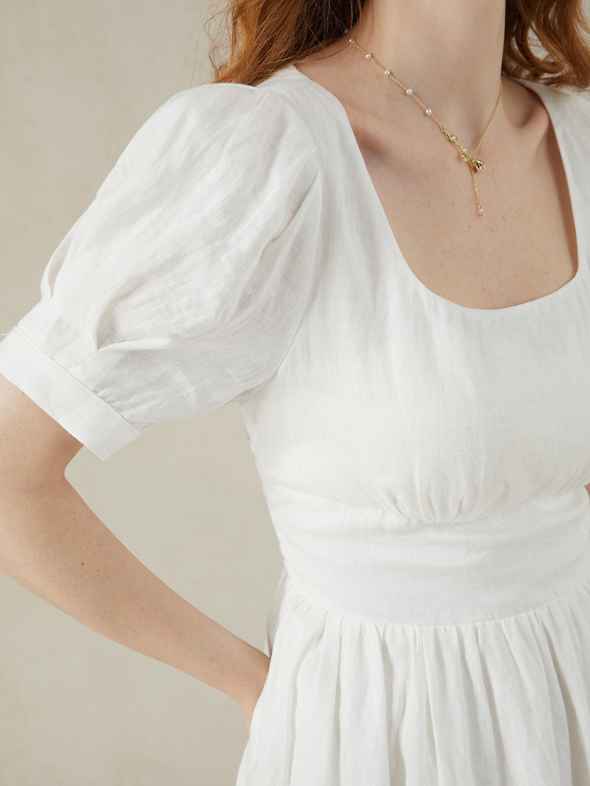 Linen Maxi Dress, Puff Sleeve, Short Sleeve, Square Neck, Vintage Dress, Linen, White