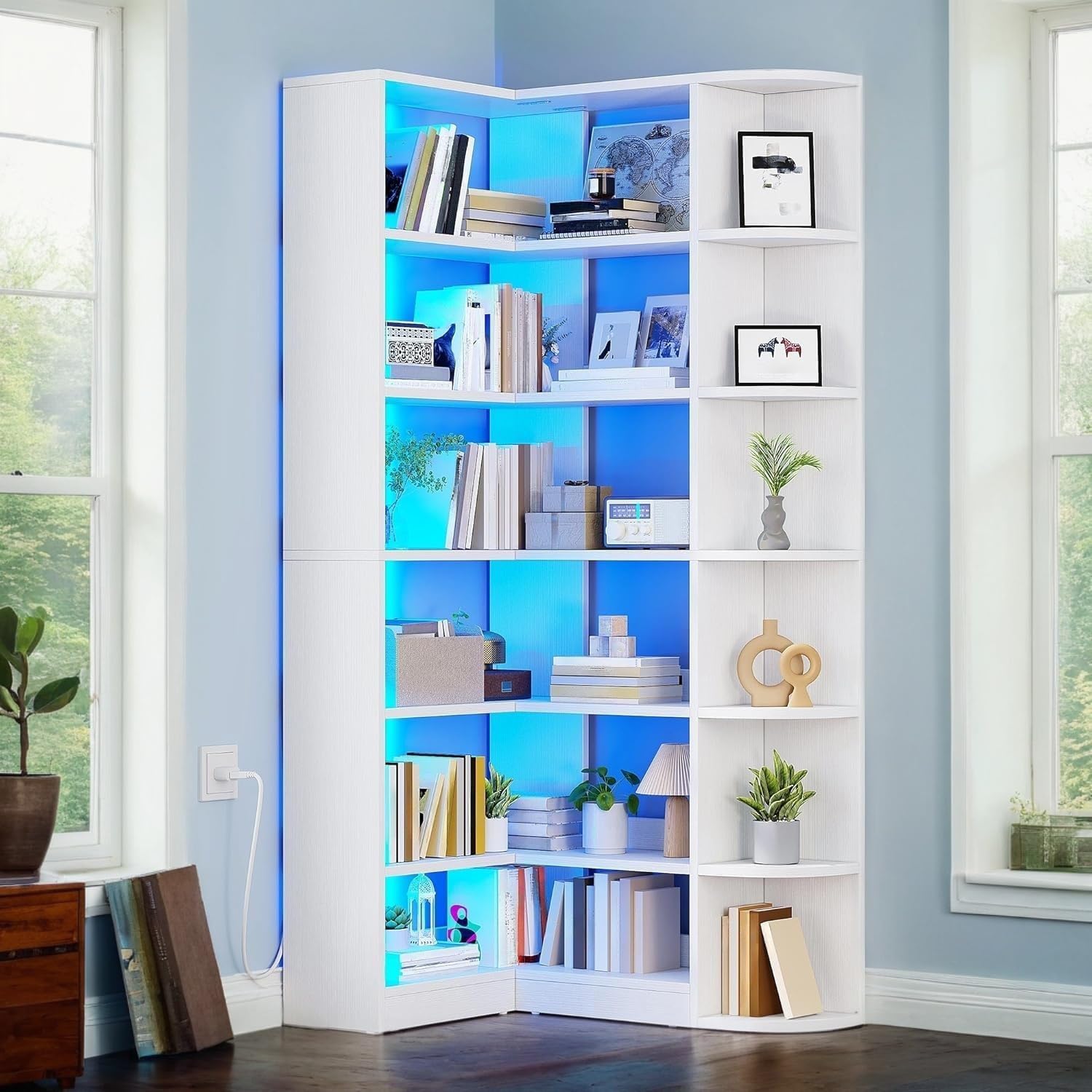 Corner Bookshelf with LED Light, White Bookshelf 6 Tier Corner Shelf L-Shaped Bookcase Storage Display Shelf for Home Office, Living Room, White