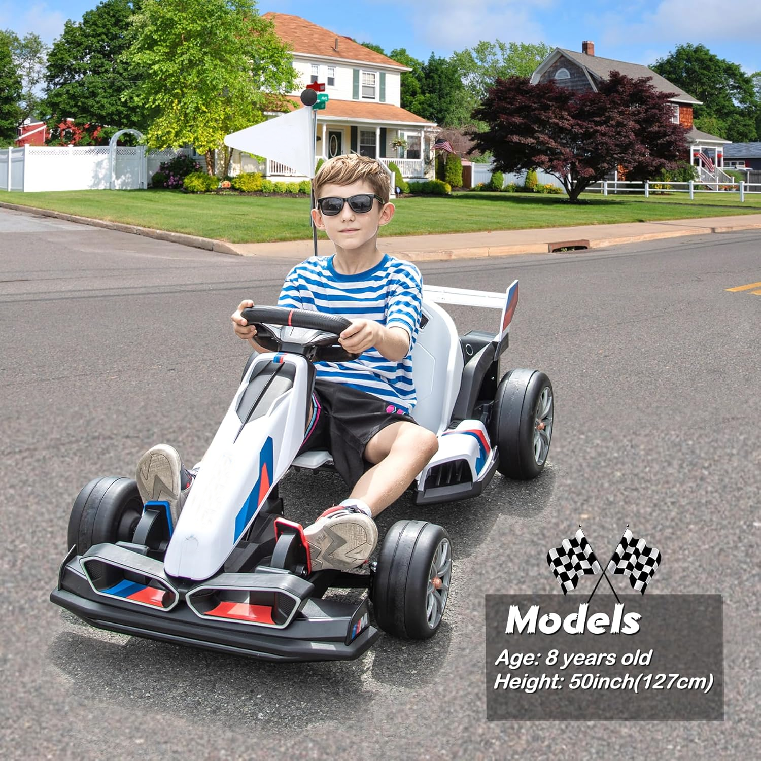 24V 9AH Licensed  Electric Go Kart, 7.5 MPH Drift Kart with 400W Motor, Outdoor Driftable Kids Race Pedal Go Karting Car w/Adjustable Seat, Lights, for 6 Years Old, White