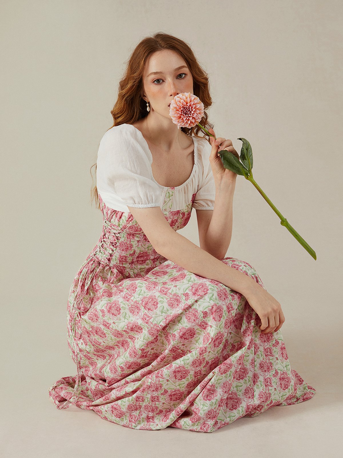 Maxi Dress,  Short Sleeves, Crew Neck,  Floral, Daily