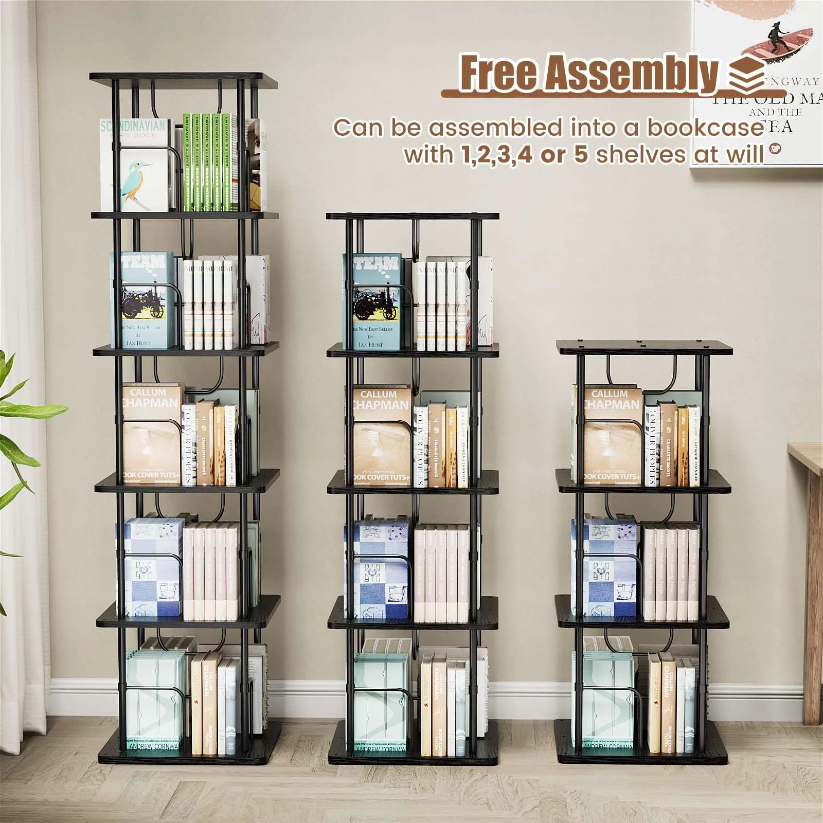 3-5 Tier Rotating Bookshelf With 360° Spinning Display