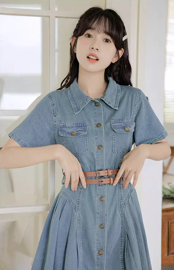 Button Up Denim Mini Dress (Medium Blue)