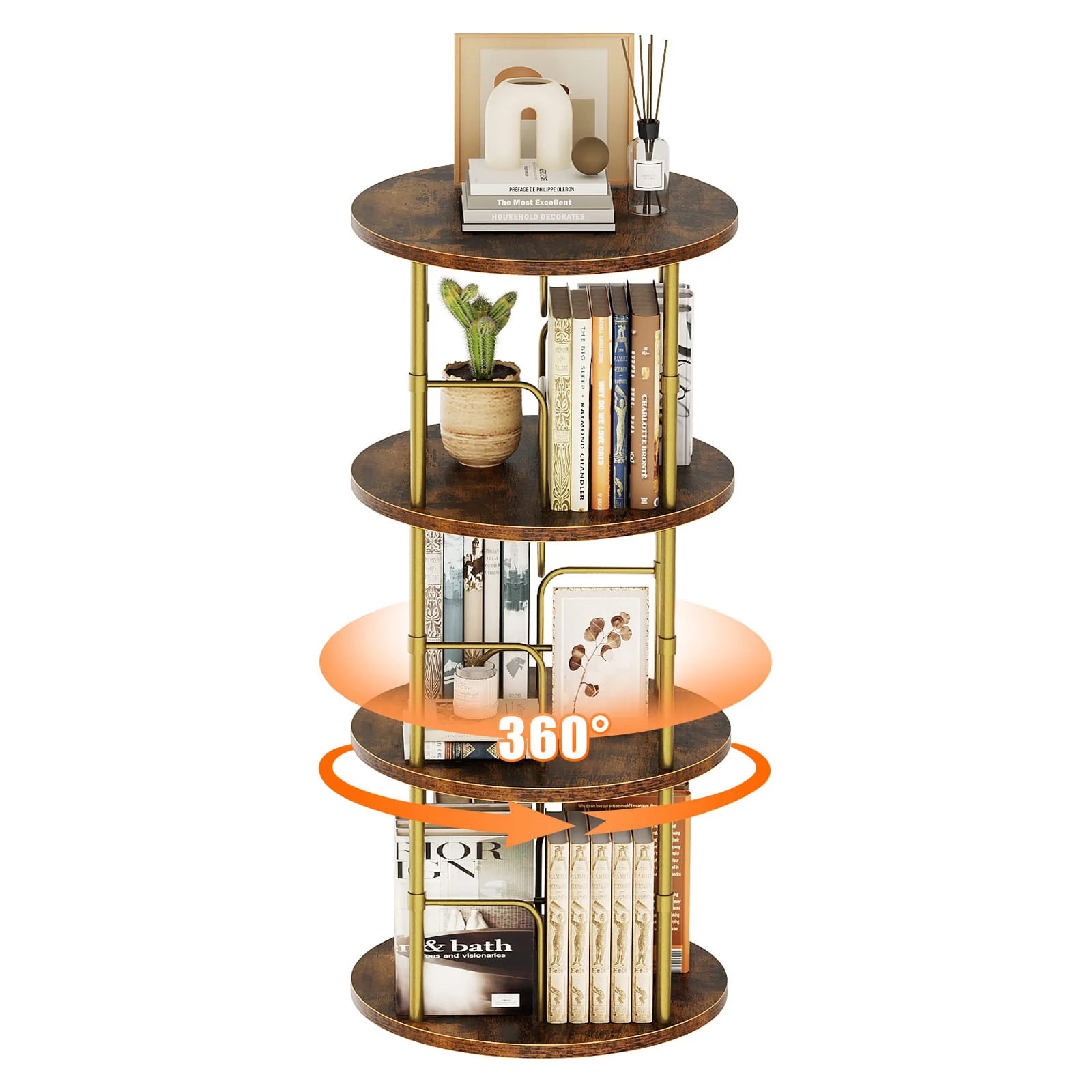3-5 Tier Rotating Bookshelf With 360° Spinning Display