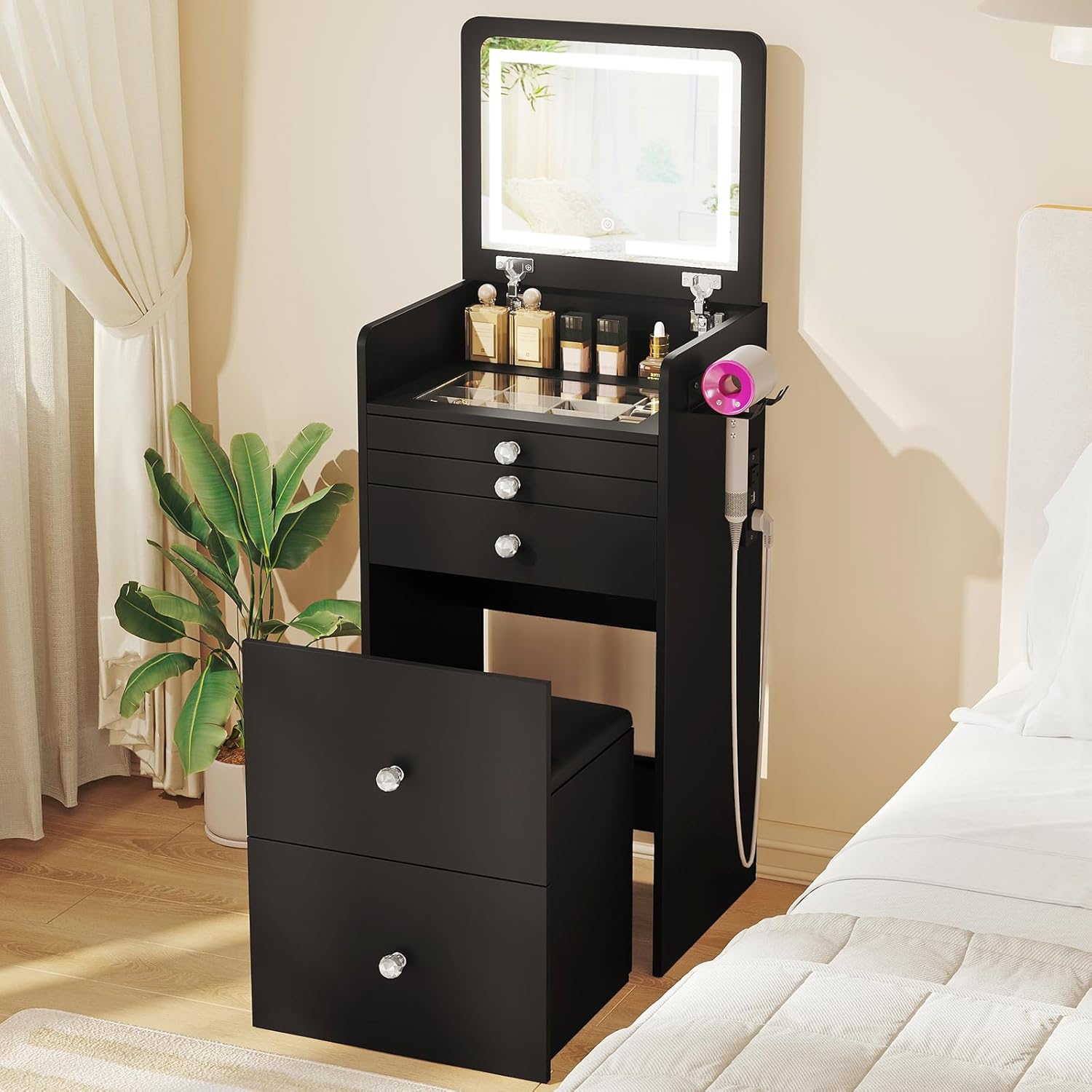 3-in-1 Vanity Desk with Flip Top LED Light Mirror and Glass Desktop, Small Makeup Vanity with 3 Drawers, Compact Dressing Table with Stool for Bedroom, White 19