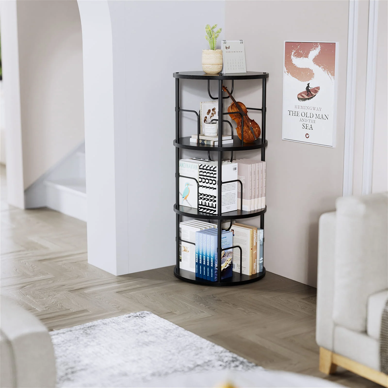 3-5 Tier Rotating Bookshelf With 360° Spinning Display