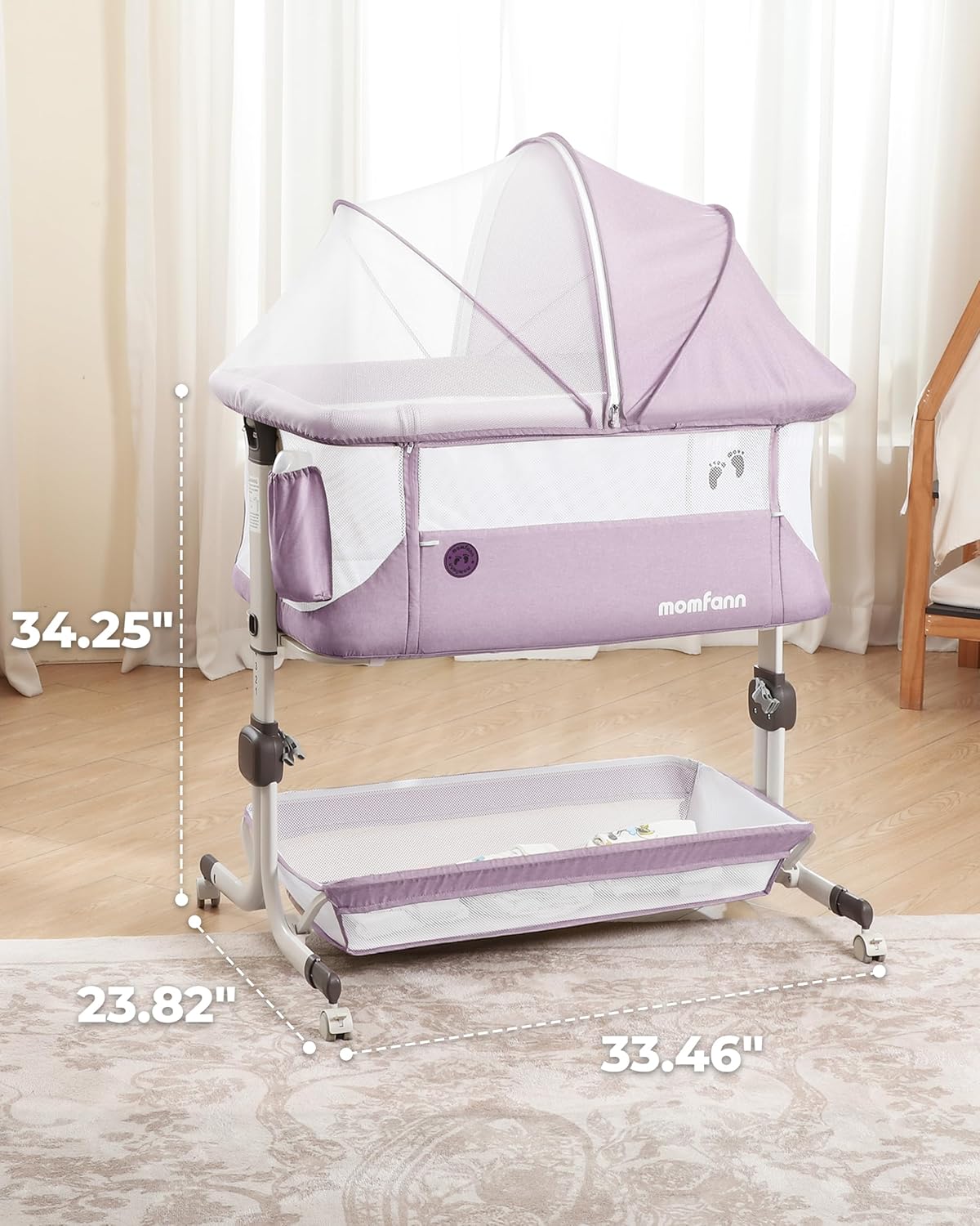 Baby Bassinet Bedside Sleeper, Upgraded Stability Bedside Crib with Full Mesh Sides, Soft Sheet, 6-Height Adjustment, Storage Basket, Easy Folding Portable Bassinet for Newborns,Camel