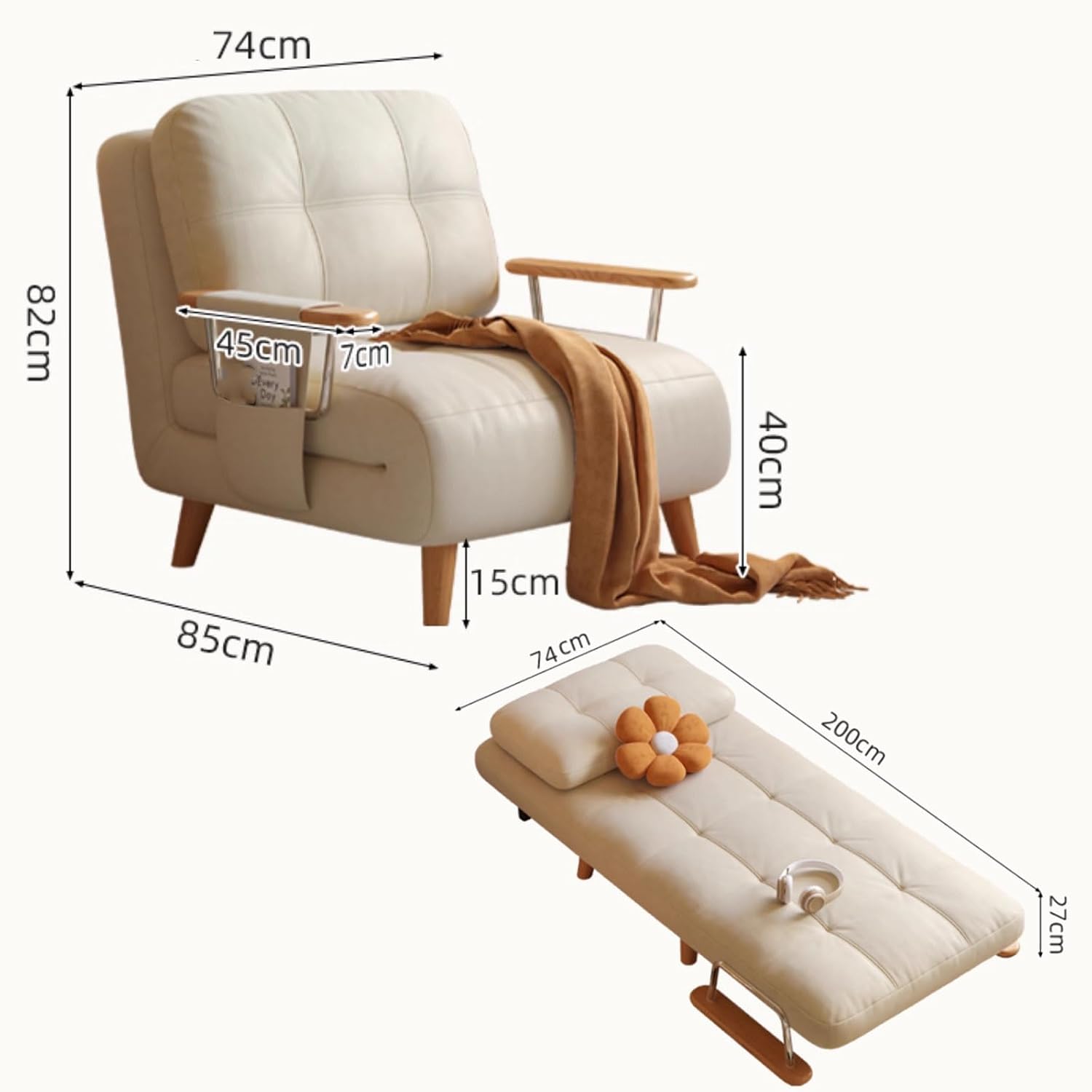 Sleeper Convertible Chair Bed Sofa Bed with Storage Solid Wood and Stainless Steel Cat Paw Leather Fabric Backrest Can Be Removed Independently for Living Room