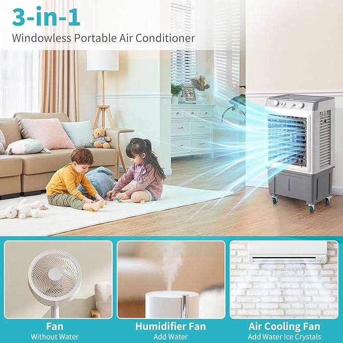 Portable Cooler w/Wheels, 2500 CFM Evaporative Air Cooler w/ 8 Gallon Water Tank, 3-in-1 Cooling Fan with 3 Speed & Auto Oscillation & 7.5H Timer for Home & Commercial