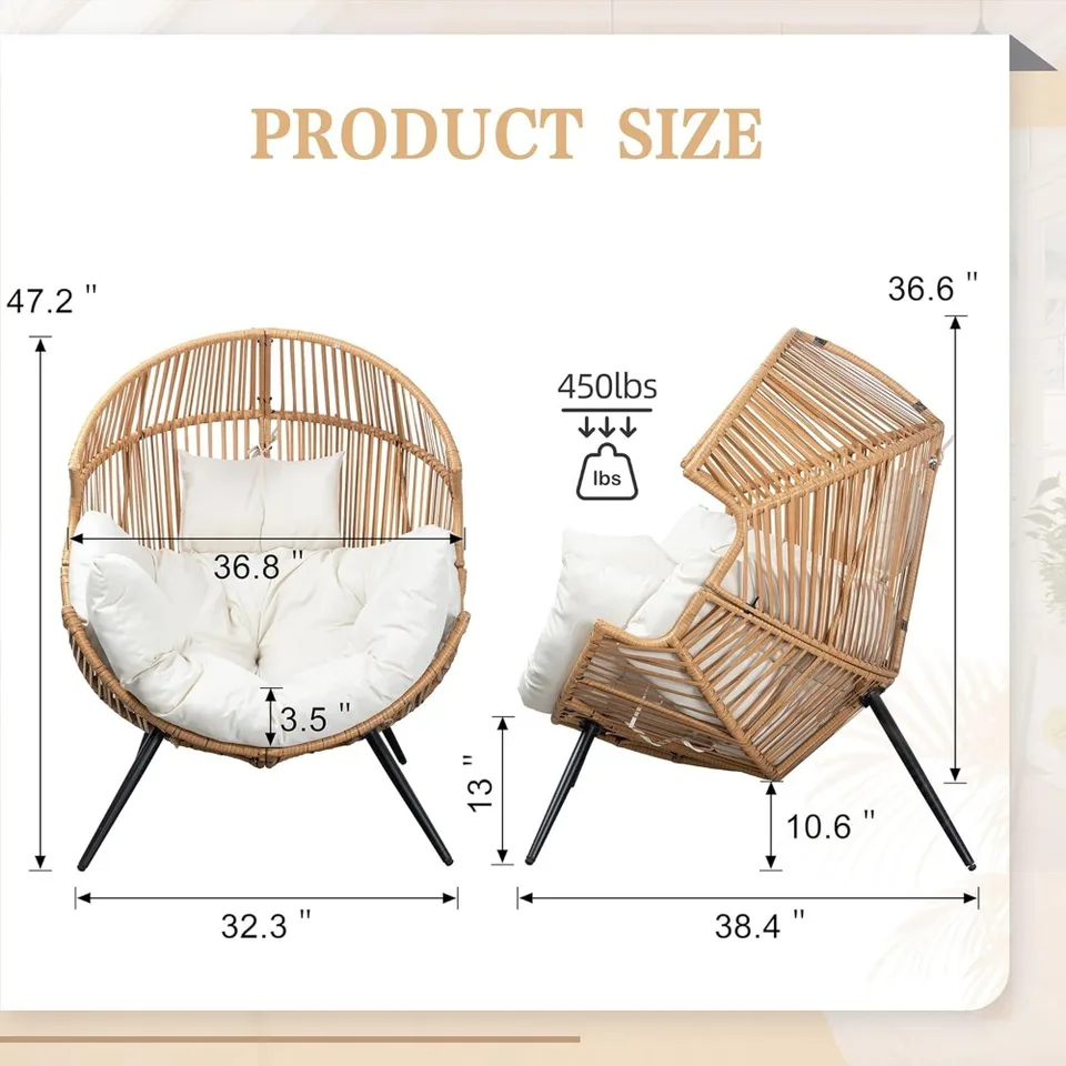 Wicker Egg Chair PE Rattan Chair with Cushion,Oversized Patio Lounge Chair for Outdoor, Indoor, Balcony, Backyard, Garden, Beige