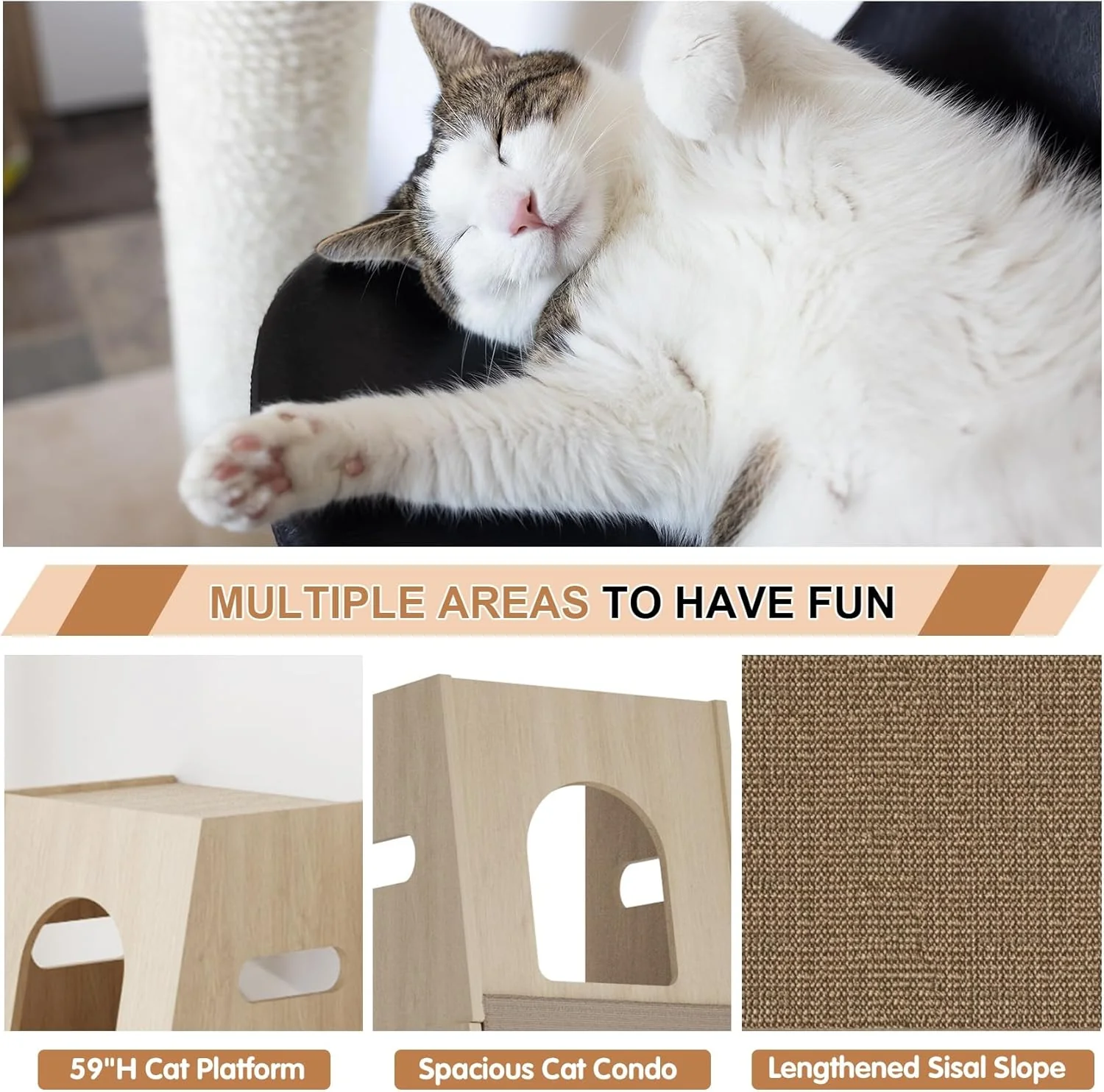🐱3-in-1 Wooden Cat Apartment - Cat Observation Tower, Climbing Pole, Scratching Board