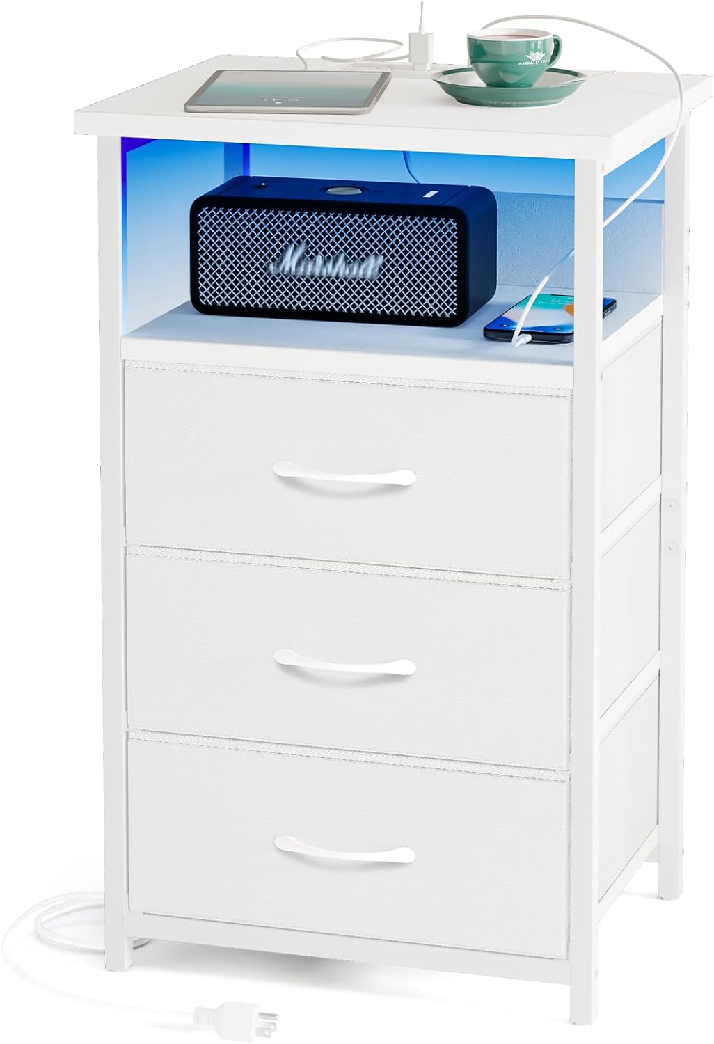Night Stand with Charging Station, LED Nightstand with U-S-B Ports and Outlets, 3 Fabric Storage Drawers with PU Finish, Bedside Table, Black