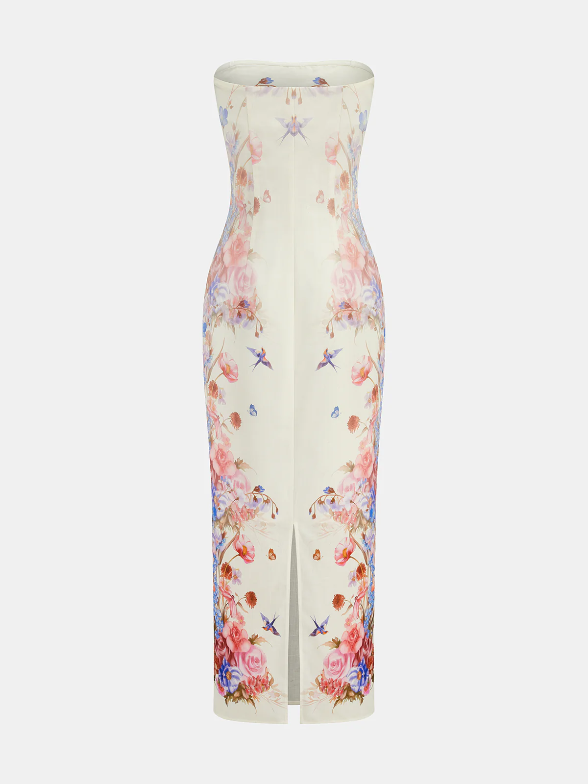 Strapless Floral Bird Print Maxi Dress