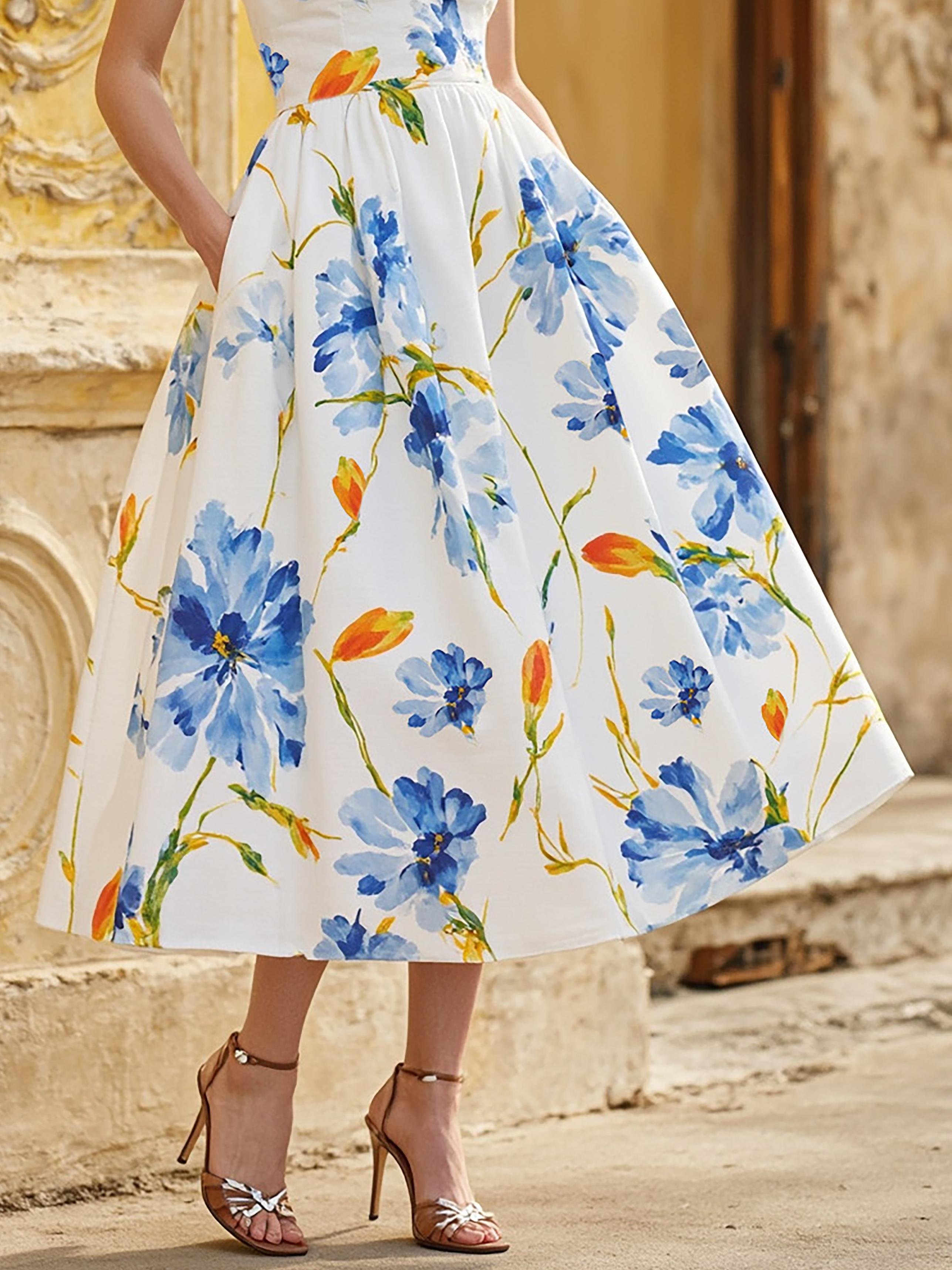 Midi Linen Dress , Sleeveless, V Neck, Floral, Pocket Design, Vacation, Vintage, White