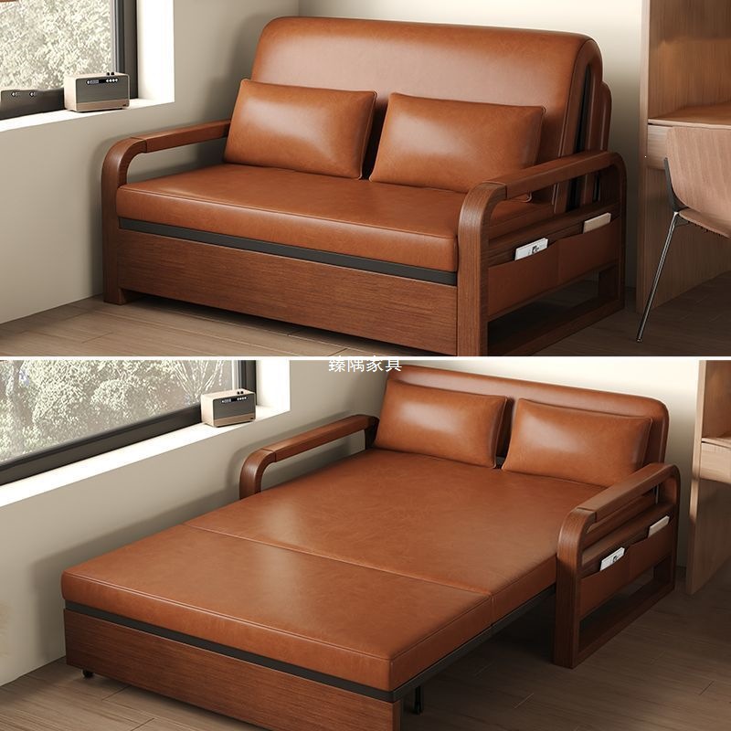 New Style Sofa Bed Folding Bed Multi-Functional All-In-One Dual-Use Double Living Room Oil Wax Leather Sofa Bed Retractable