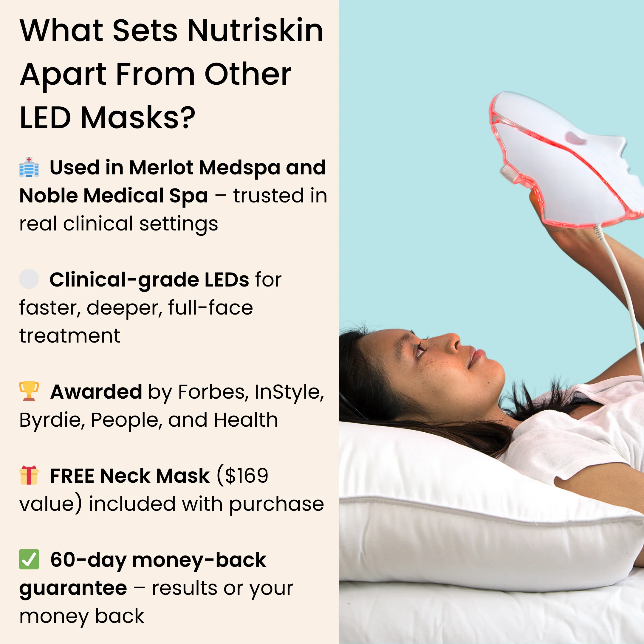 Nutriskin LED Face Mask - Red Light Therapy for Wrinkles + FREE Neck Mask ($169 Value)