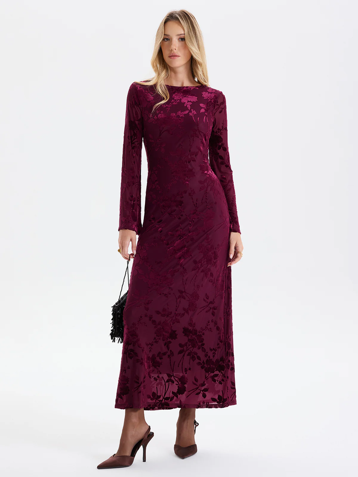 Floral-Jacquard Backless Maxi Dress