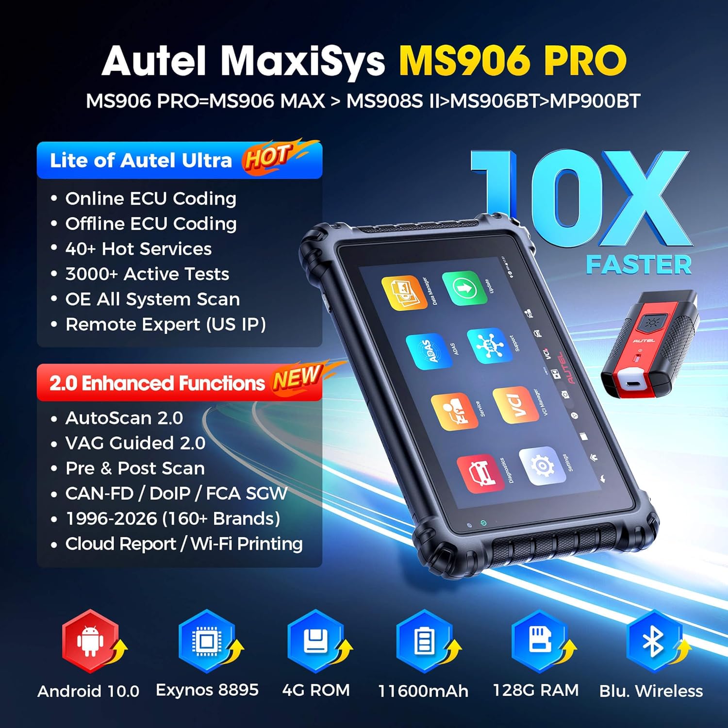 MaxiSys MS906 PRO Scanner, 2026 MS906Pro Same as MS906MAX, Top ECU Elite 2.0 of MS906BT MP900BT MP900 MS908S, Bidirectional 3K+ Test, OE All Sys, CAN FD DoIP, 36+ Service, AutoScan 2.0