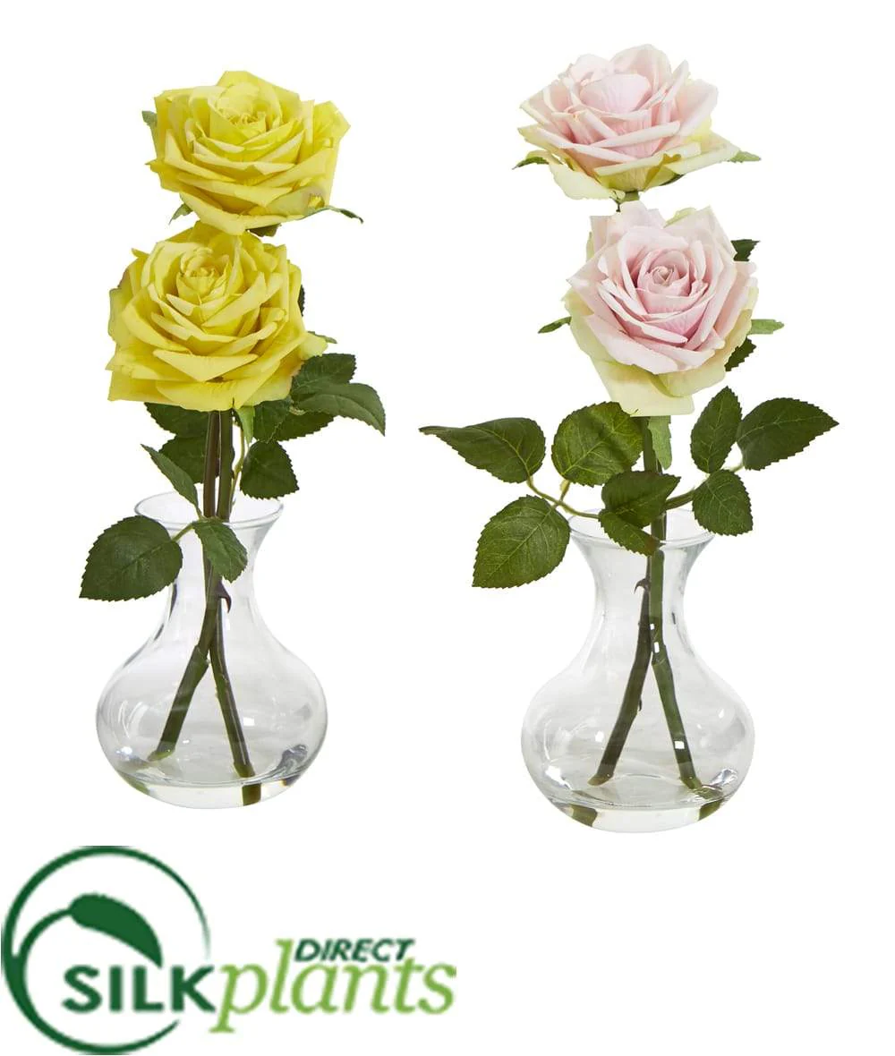 Silk Plants Direct Rose Artificial Arrangement in Glass Vase - Yellow Mauve - Pack of 2