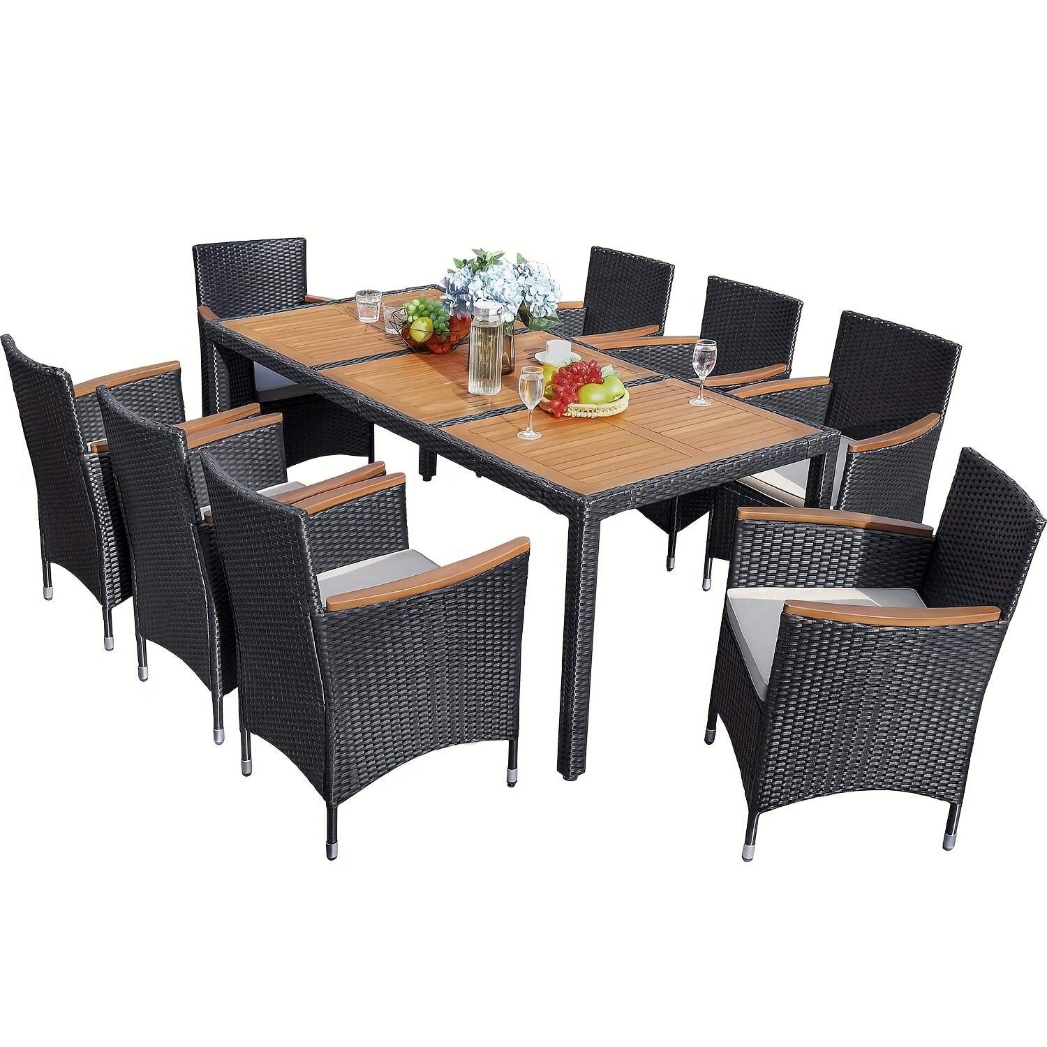 PE rattan + acacia wood table and chair set
