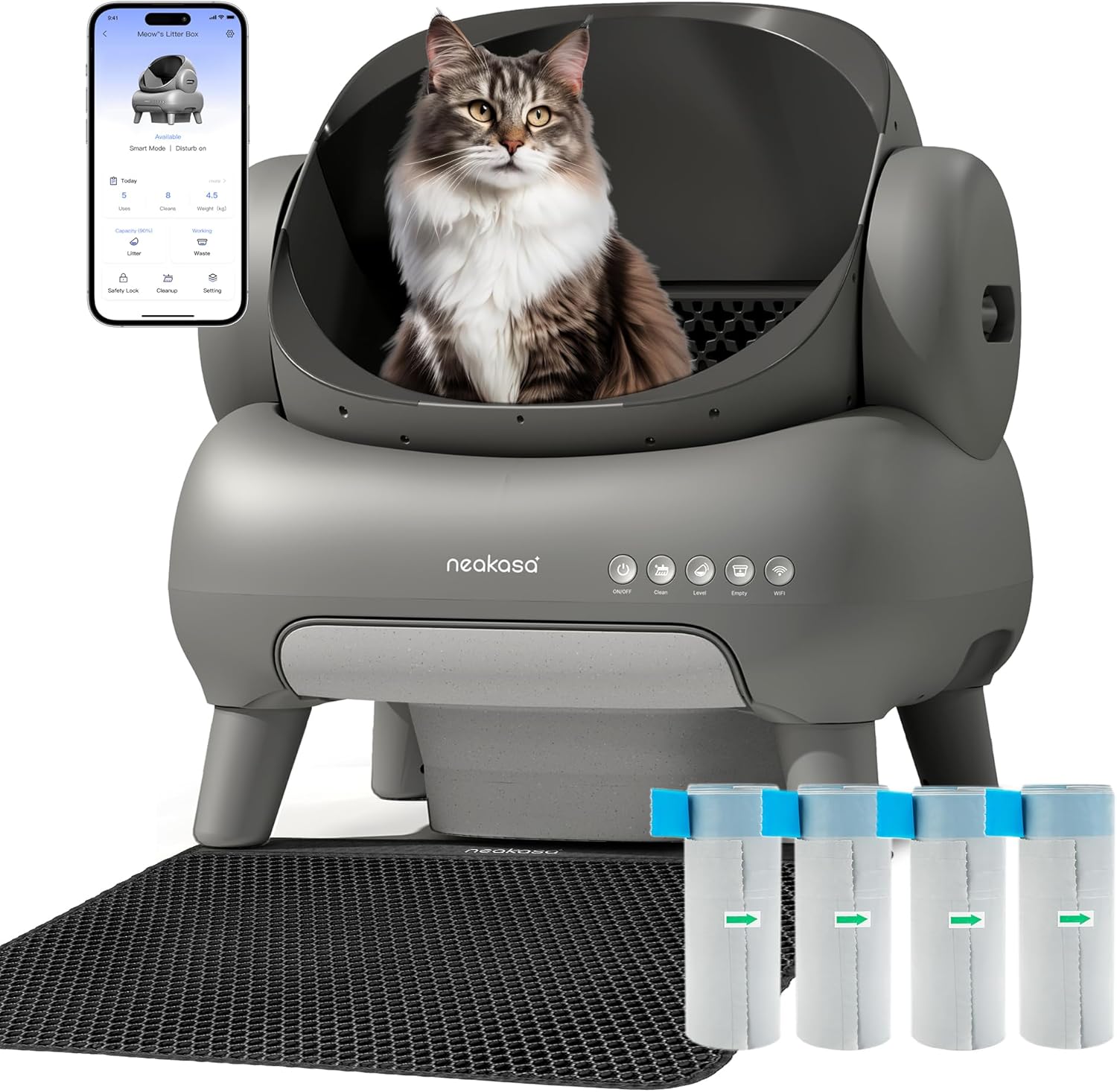 M1 Plus Bundle Open-Top Self-Cleaning Cat Litter Box with APP Control, Includes 4 Rolls (60pcs) Refill Waste Bags, 2 Extra Rolls Added (Plus Version)
