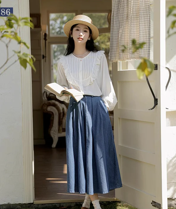 Pleated Denim Midi Skirt (3 Colors)