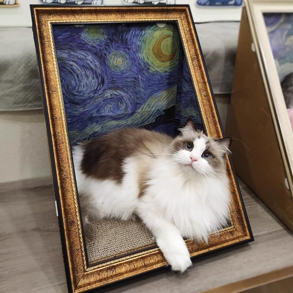 Oil Painting Frame Cat Bed - DIY Cardboard Mirror Frame - Standing Scratching Post - Durable Board Mat to Protect Furniture from Damage