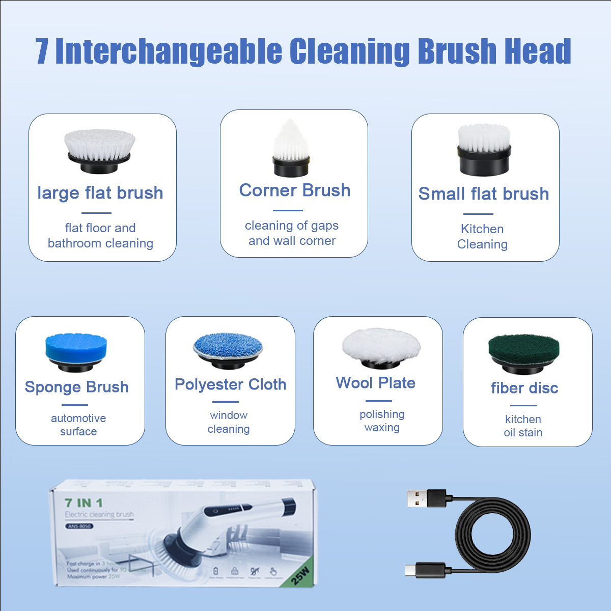Vlikehome 7 in 1 Electric Cordless Cleaning Brush