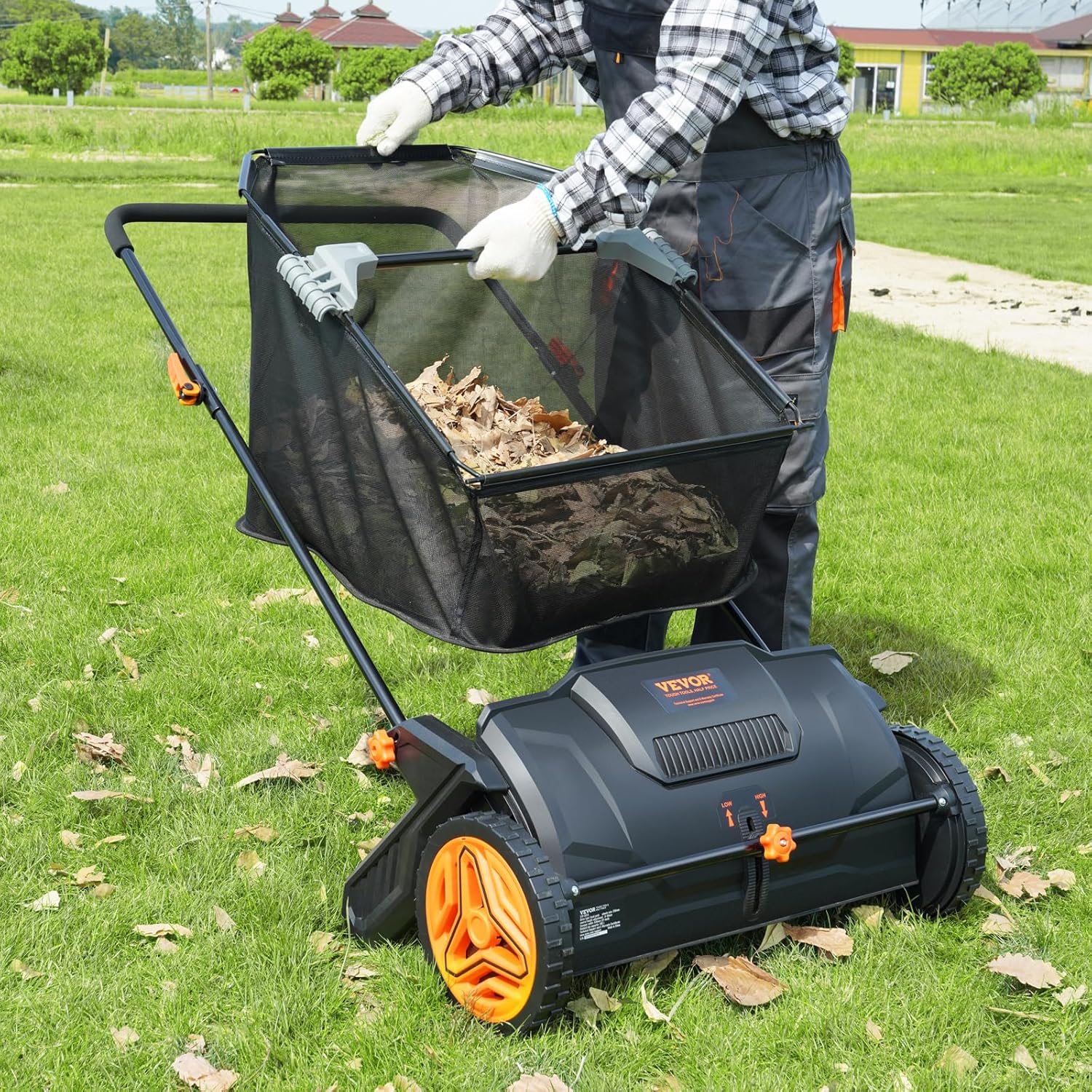 Push Lawn Sweeper, 21inch Leaf & Grass Collector, Heavy Duty Thickened Steel Durable to Use with Large Capacity 3.5 cu. ft. Mesh Collection Hopper Bag, 2 Spinning Brushes