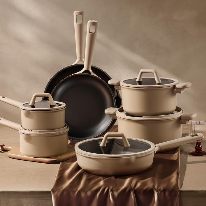 19pcs Nonstick Cookware Set, Pots and Pans Set Non Stick, kitchen Cooking Set, Premium Induction Cookware, Frying pan, Large Capacity Granite, Brown