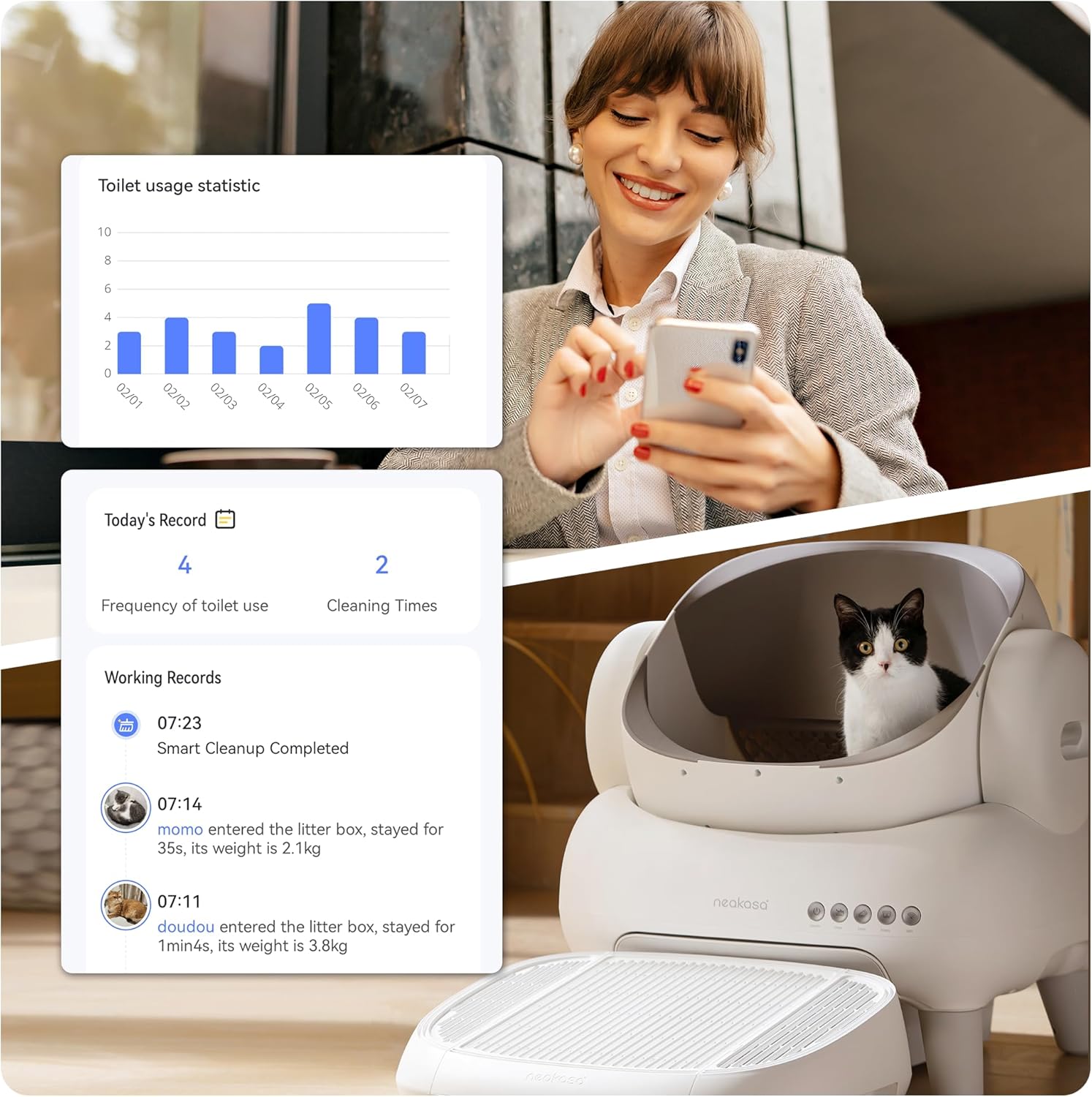 M1 Plus Bundle Open-Top Self-Cleaning Cat Litter Box with APP Control, Includes 4 Rolls (60pcs) Refill Waste Bags, 2 Extra Rolls Added (Plus Version)