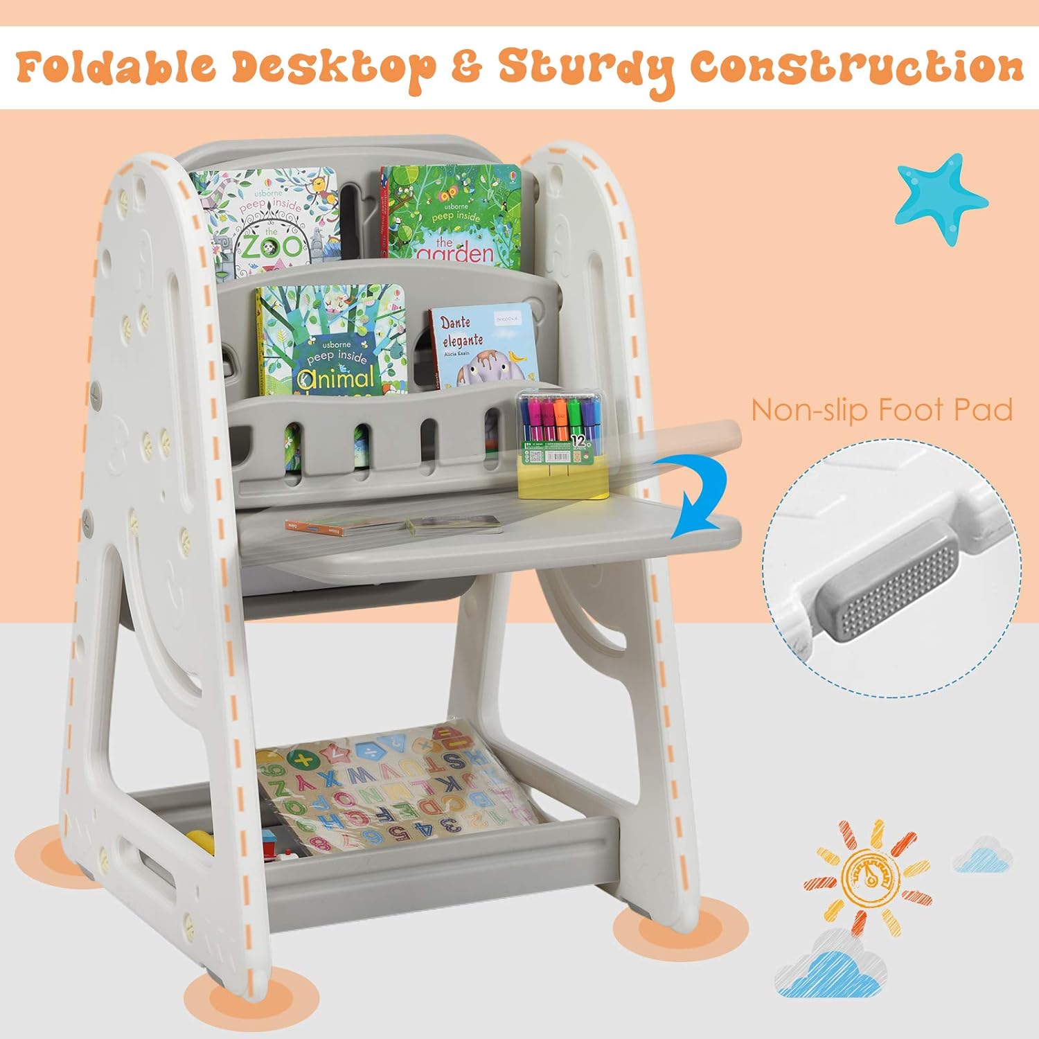 Kids Art Easel with Stool, 3 in 1 Double-Sided Magnetic Dry Erase Board and Kids Book Rack with Foldable Desktop, Adjustable Standing Easel with Letters and Number Magnets