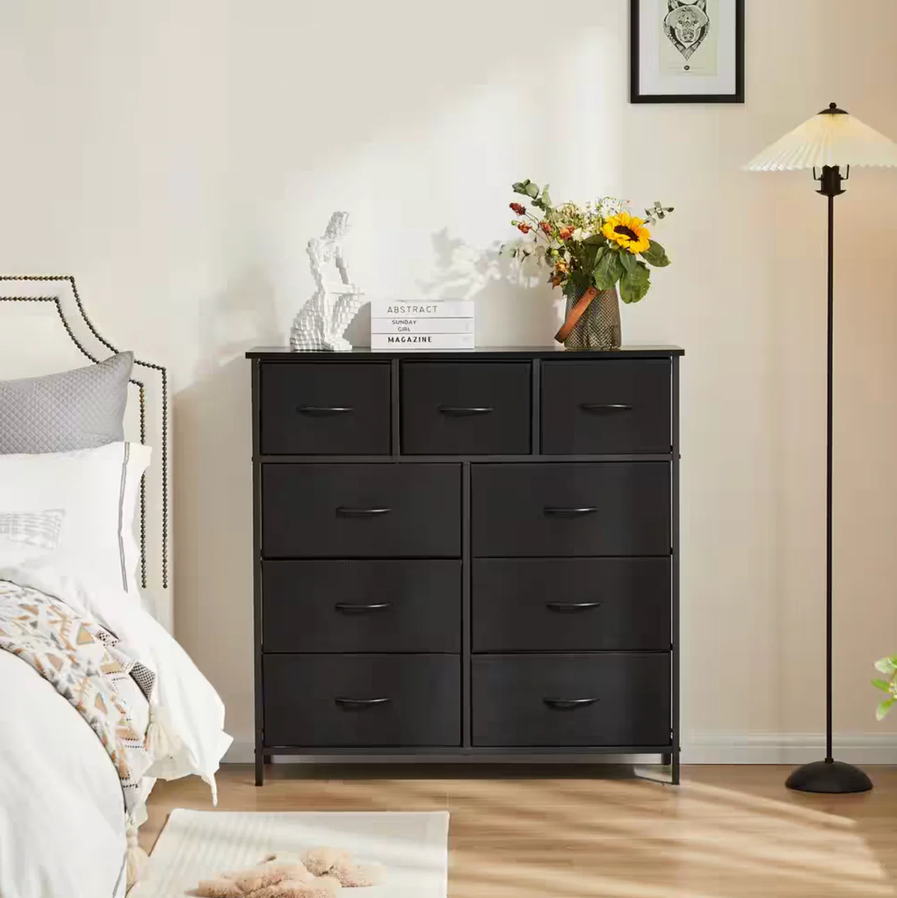 Drawers Dresser for Bedroom, Kidsroom Furniture, Tall Chest Tower, Storage Organizer Units for Clothing, Closet, Fabric Bins, Wood Top, Steel Frame, Lightweight, Assemble Tools Include