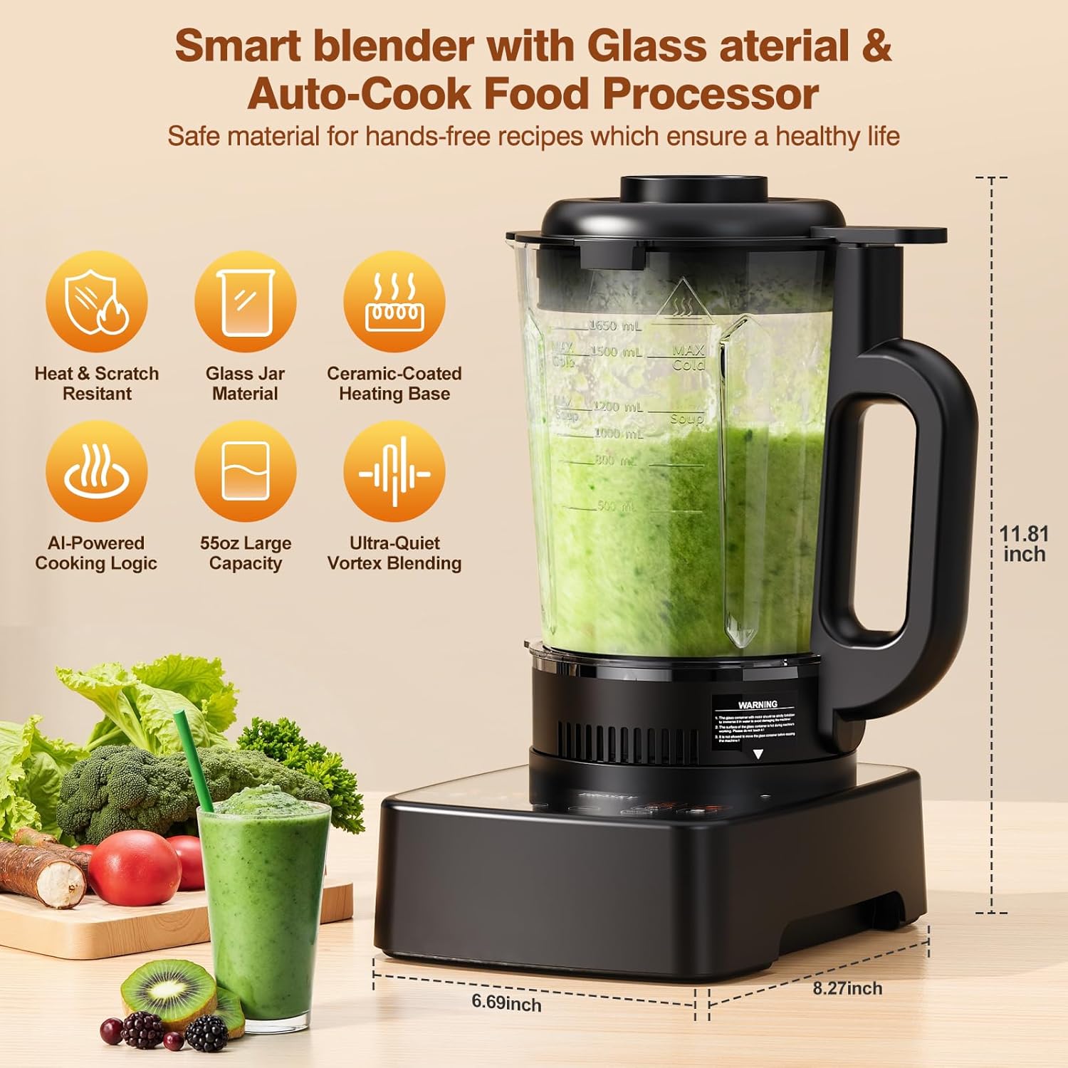 Blenders for Kitchen with Heating, 1500W Professional, 25000RPM Powerful Soy Milk Maker, Smoothies Blender