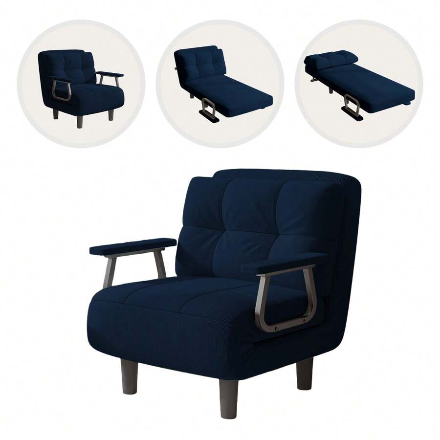 Adjustable Corduroy Sofa Bed For The Office. Corduroy Sofa With Silver-Colored Armrests. A 5-In-1 Convertible Sofa/Sleeper, Ideal For Offices And Reception Areas – Comfortable For Sitting, Lying Down, Or Playing Games