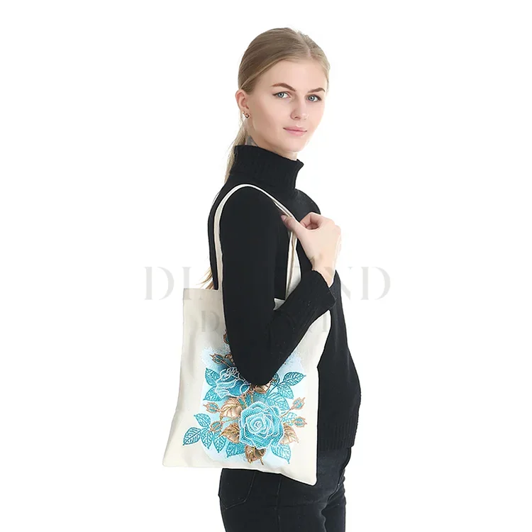 DIY Diamond Painting Canvas Tote Bag - Blue Flowers