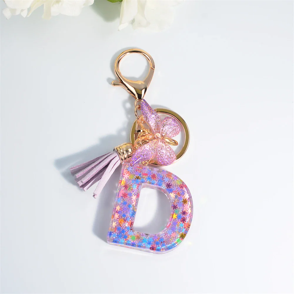 Sequin Letter Keychain With Butterfly Tassel Charm