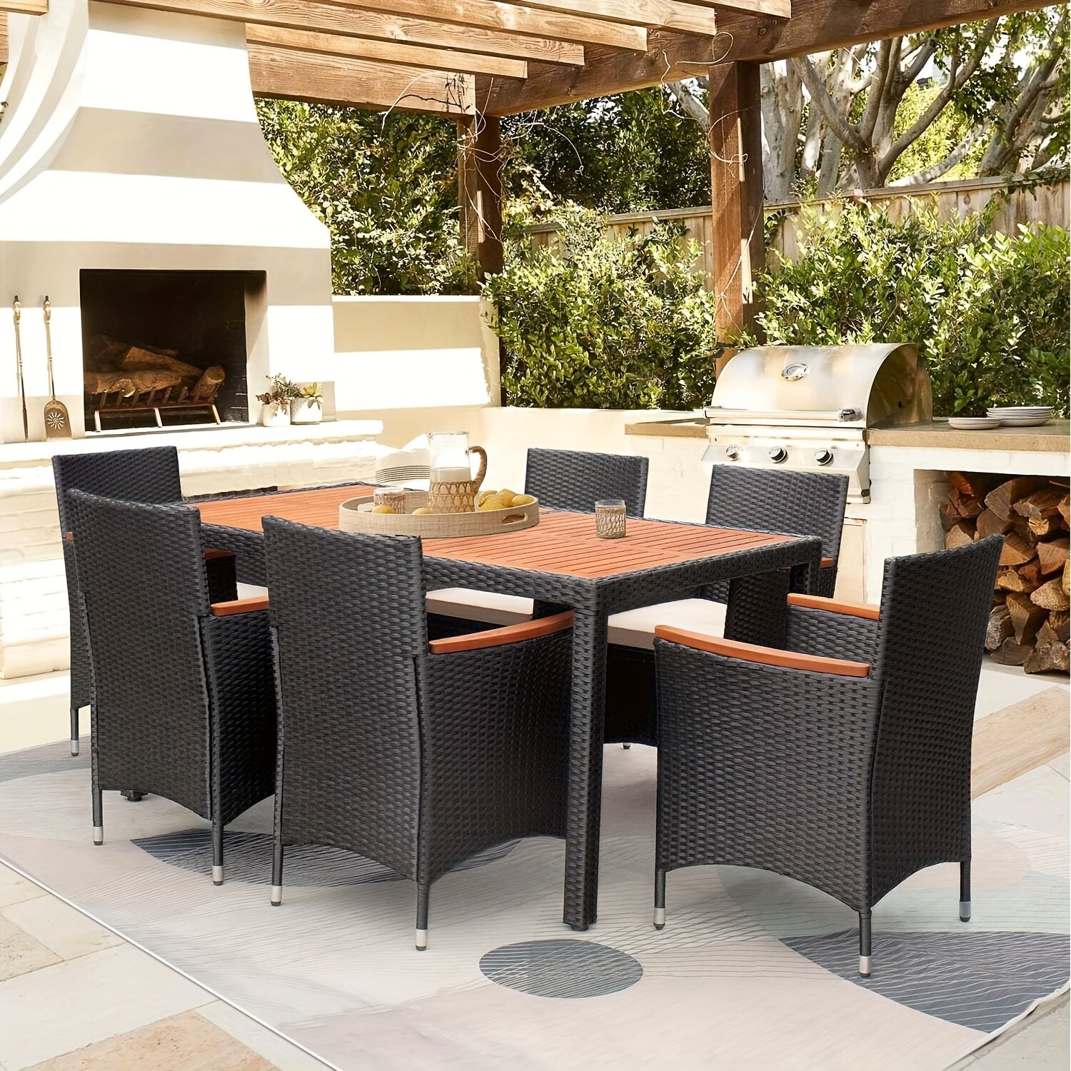 PE rattan + acacia wood table and chair set