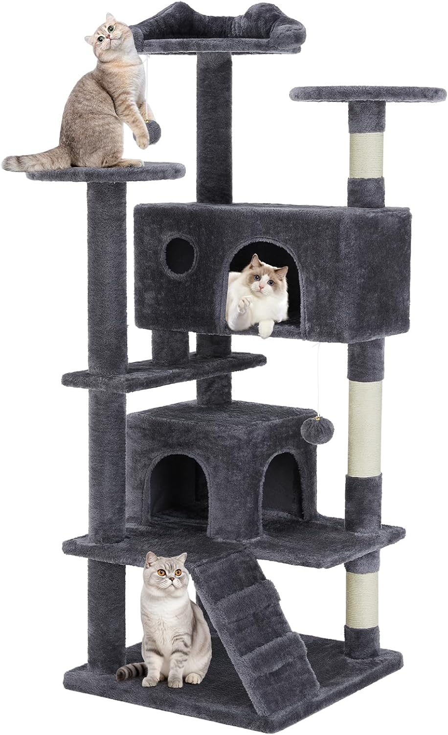 Cat Tree 54 Inch, Multi-Level Cat Tower with Condo, Perches, Sisal Scratching Posts and Climbing Ladder, Pet Play Toy Balls House for Indoor Cats, Beige