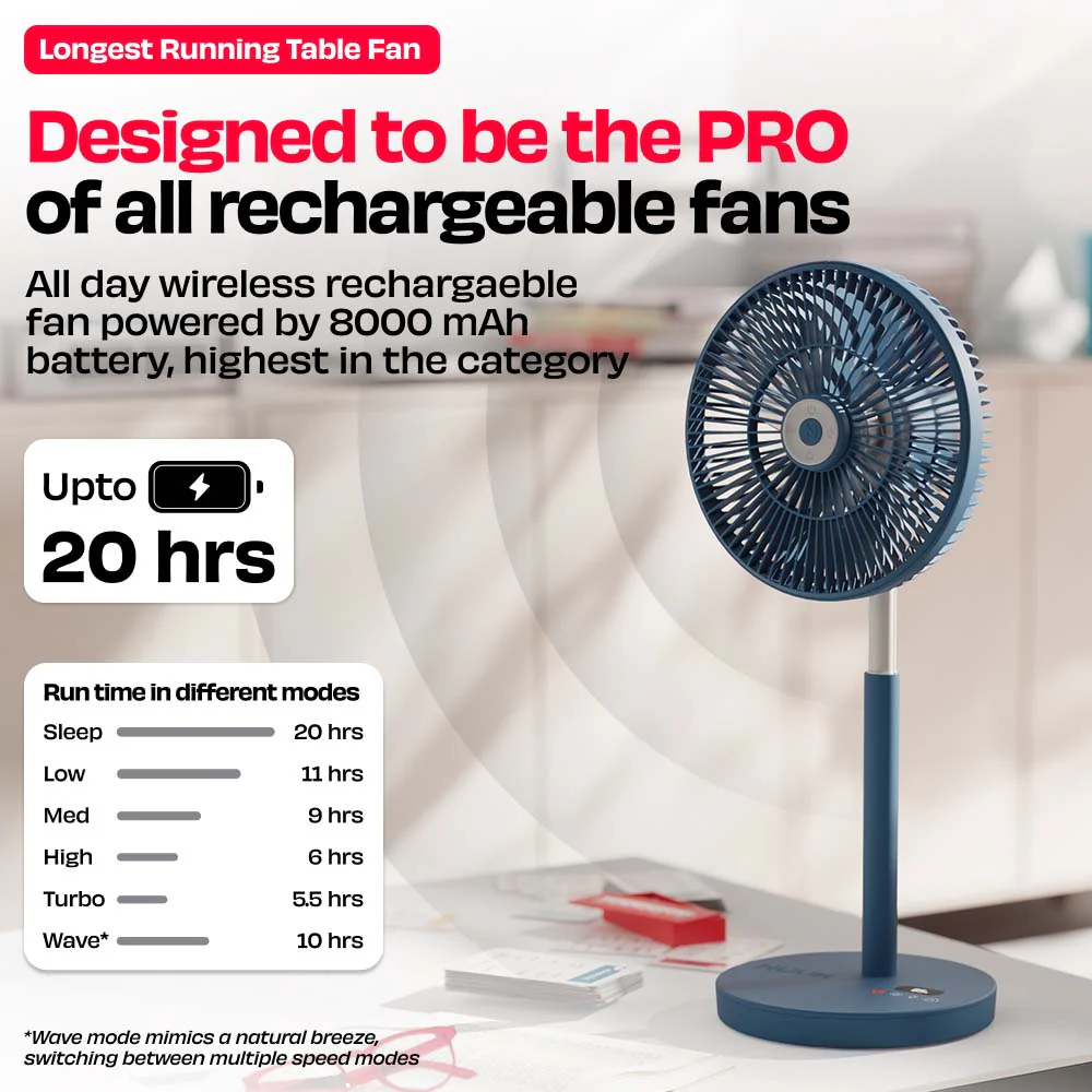 Rechargeable Table Fan with ProLift™ Adjustable Stem and Mood Light | LĪT PRO