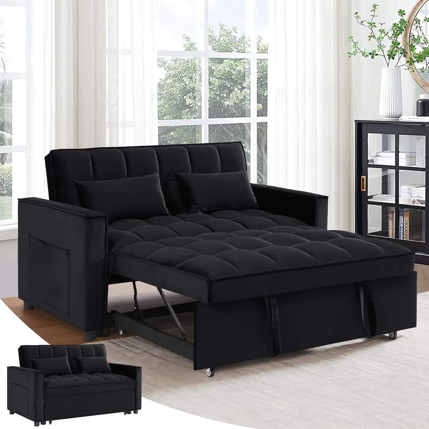 3 in 1 Convertible Sleeper Sofa Bed, Modern Velvet Loveseat Futon Couch w/Pullout Bed, Small Love Seat Lounge Sofa w/Reclining Backrest, Toss Pillows, Pockets, Furniture for Living Room