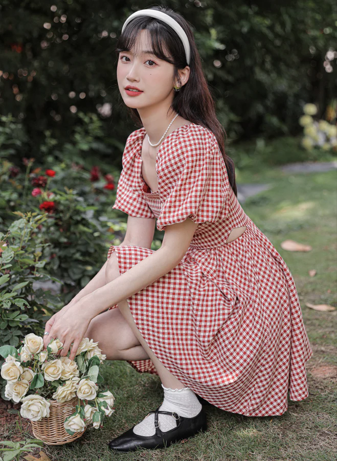 Gingham Puff Sleeve Mini Dress (Red)