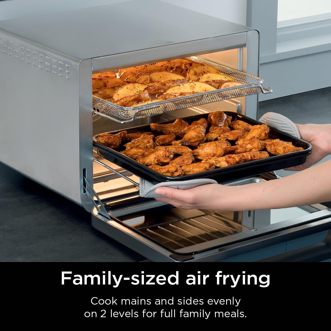 10-in-1 Smart XL Air Fry Oven, Bake, Broil, Toast, Roast, Digital Toaster, Thermometer, True Surround Convection up to 450°F, includes 6 trays & Recipe Guide