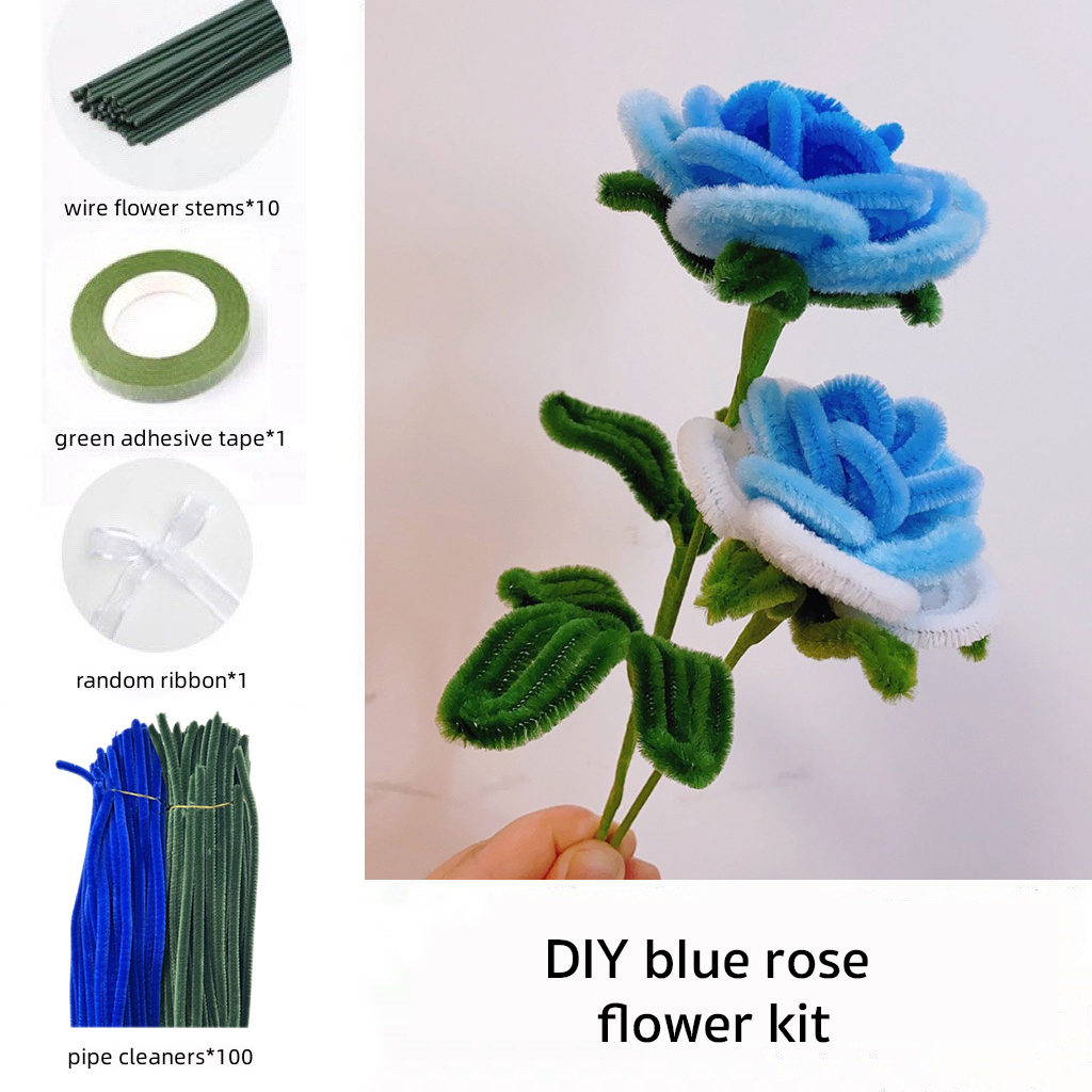 DIY Pipe Cleaners Kit - Blue Rose Flower - Mystical Blue Vow, Valentine's Day Special Treat, Unfolding Miraculous Love!
