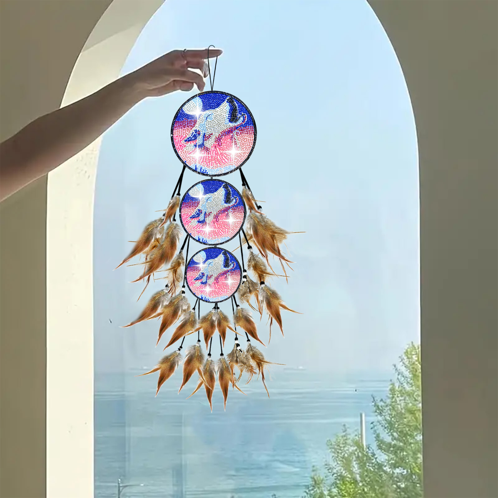 DIY Diamond Painting Wind Chime - Blue and Pink Wolf Feather