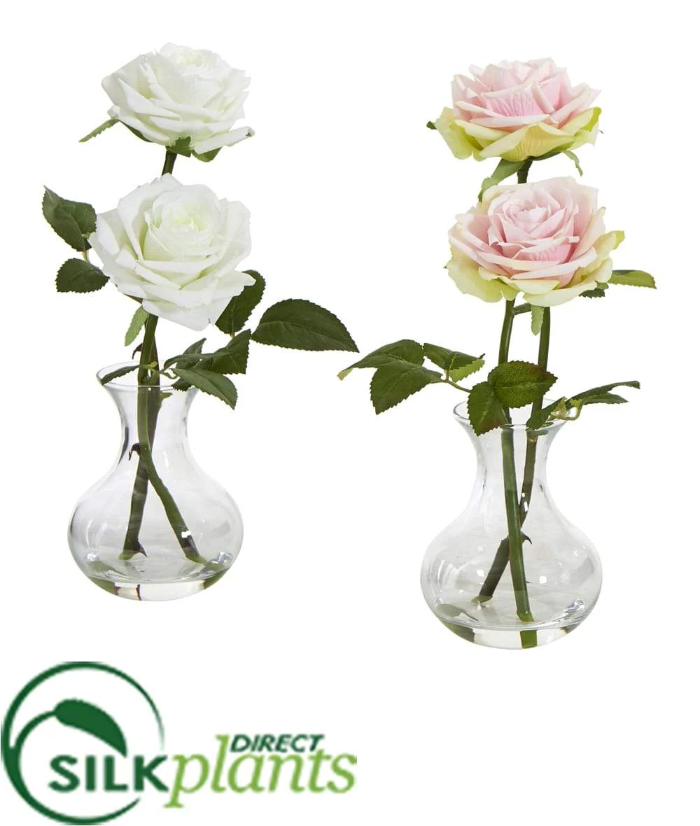 Silk Plants Direct Rose Artificial Arrangement in Glass Vase - Yellow Mauve - Pack of 2
