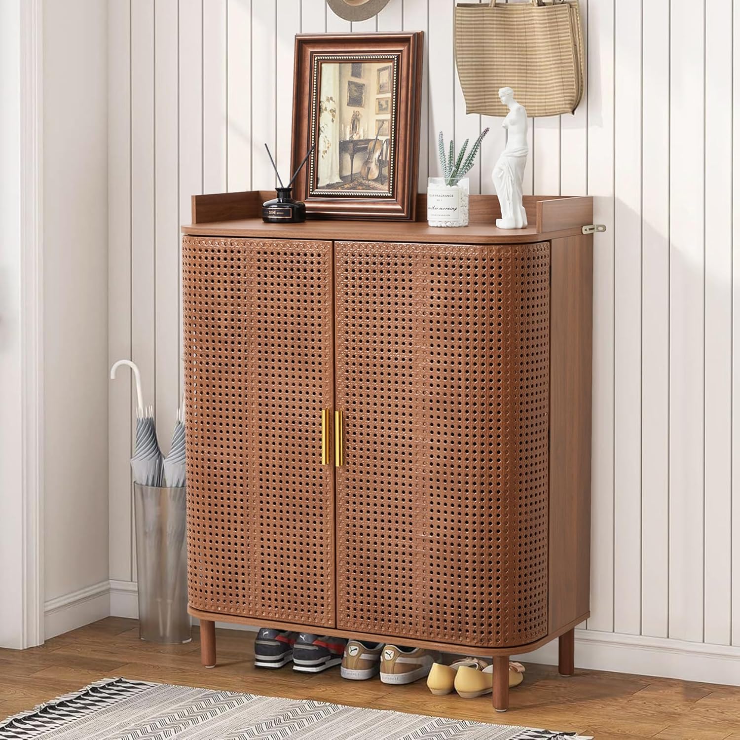 Shoe Cabinet, 5 Tier Boho Wooden Shoe Storage Organizer Cabinet with Adjustable Shelves, Shoes Rack with Iron Rattan Curved Doors Accent Cabinet for Entryway Hallway Living Room, Walnut