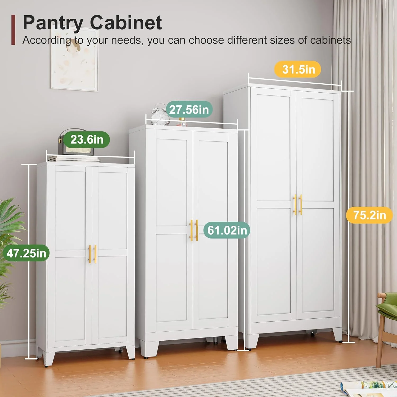 Metal Pantry Cabinet with 2 Doors and Adjustable Shelves, Kitchen Storage cabinets with Gold Handles, Versatile Storage for Laundry/Living Room,Bathroom,Dinning Room-White