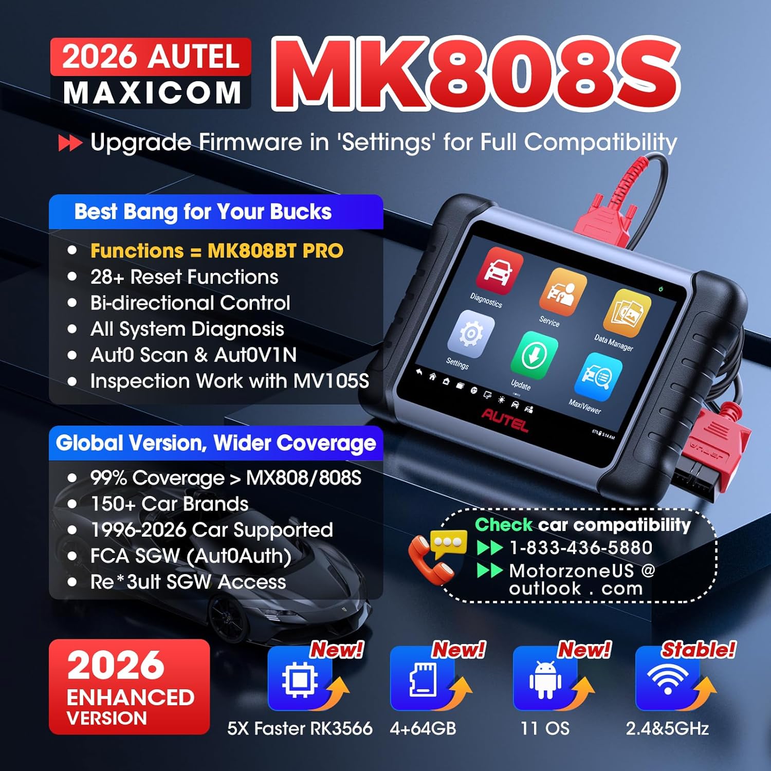 Scanner MaxiCOM MK808S: 2026 Bidirectional Tool as MK808BT Pro MX808S M808Z, Work as MaxiCheck MX900 MK900BT, 28+ Service, Active Test, All System Diagnose, Injector C0ding, FCA Autoauth OS 11