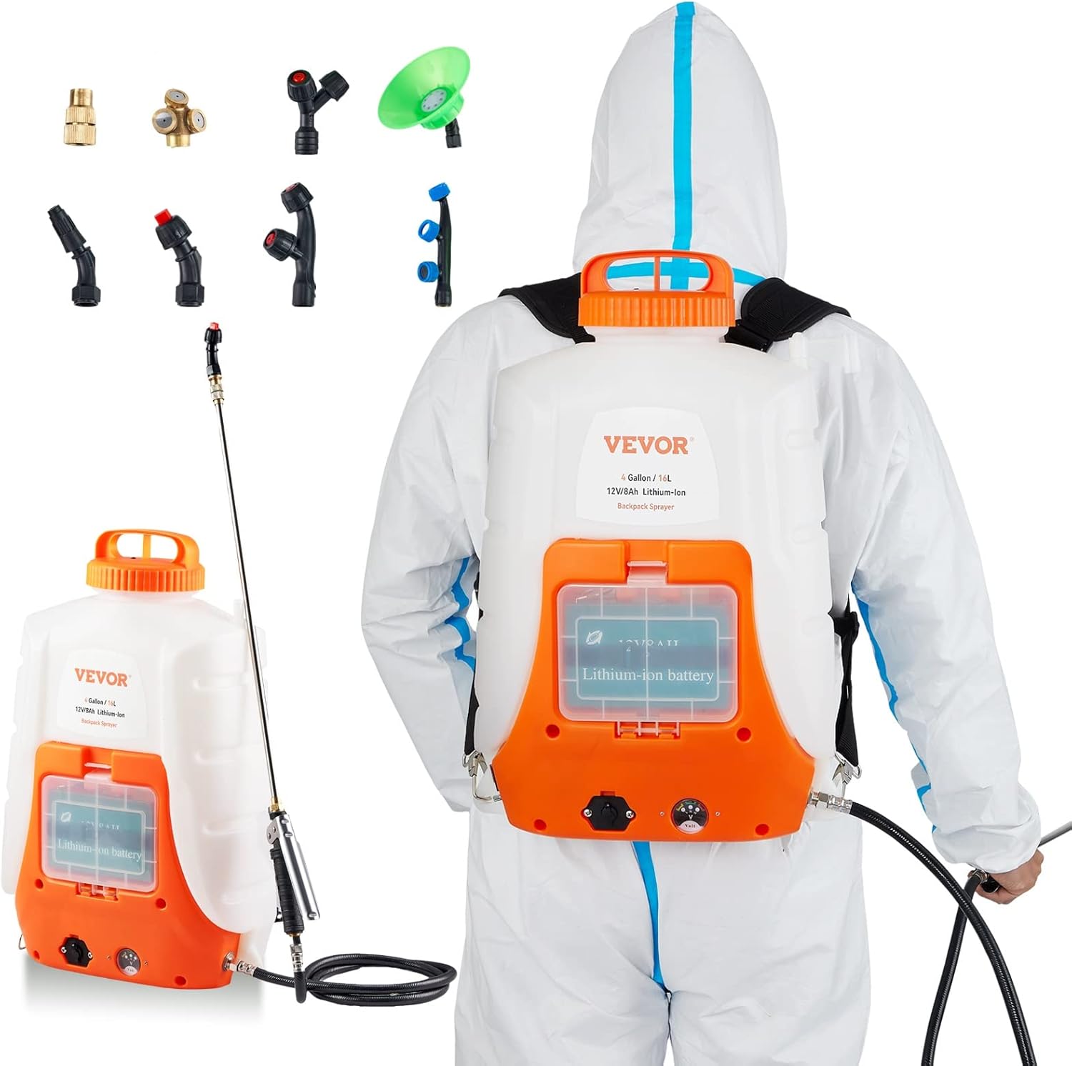 Battery Powered Backpack Sprayer, 0-90 PSI Adjustable Pressure, 4 Gallon Tank, Back Pack Sprayer with 8 Nozzles and 2 Wands, 12V 8Ah Battery, Wide Mouth Lid for Weeding, Spraying, Cleaning