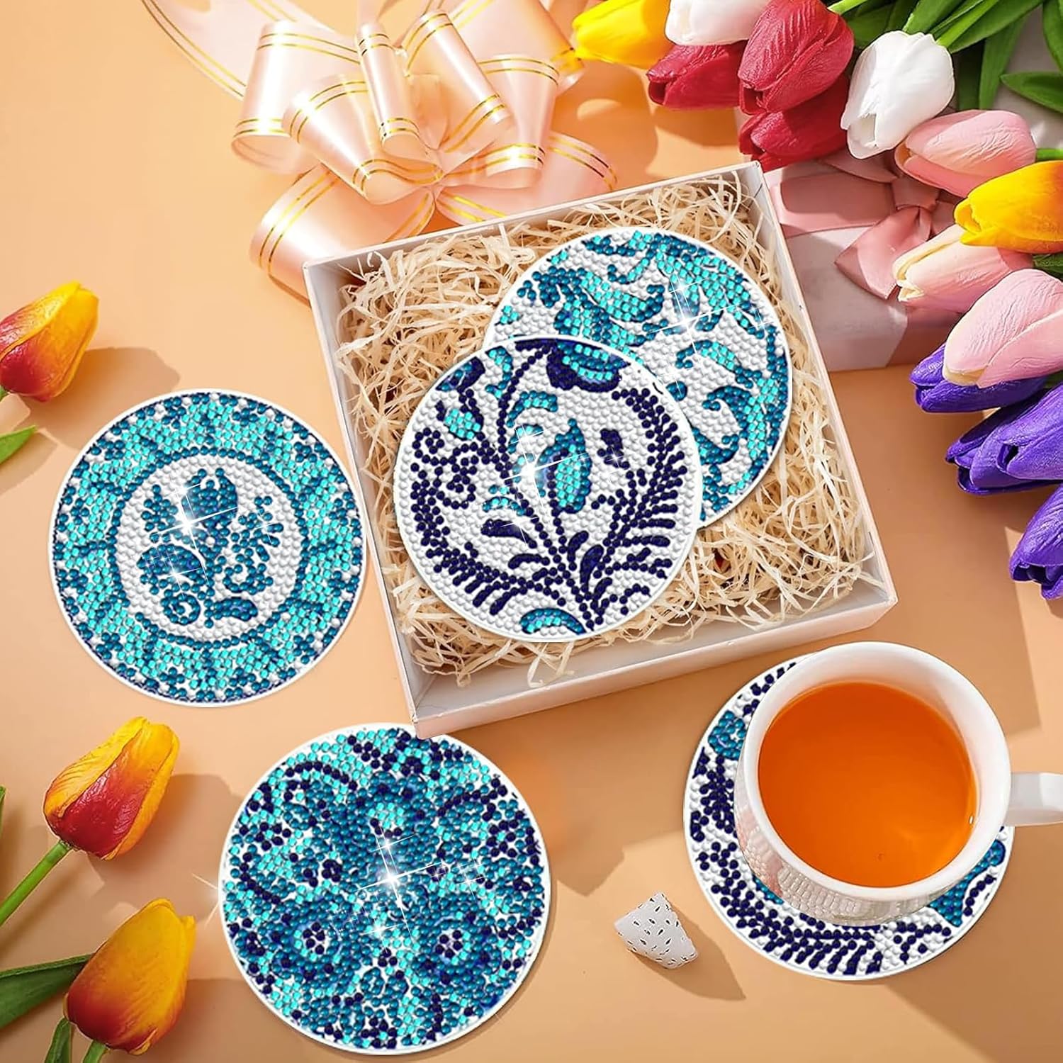 DIY Aqua Blue And White Floral Patterned Diamond Painting Coasters